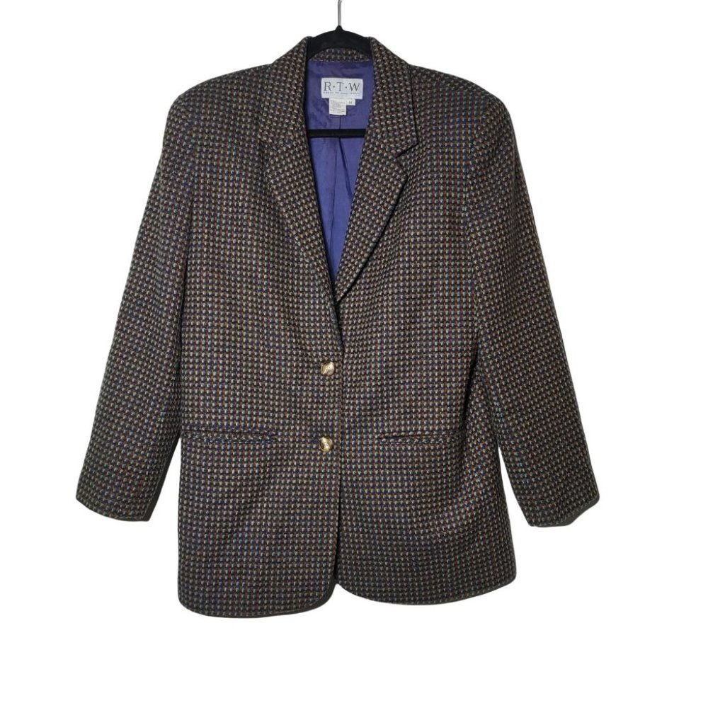Vintage R.T.W. Womens Brown Tweed Plaid Button-Down Blazer Size Medium Career
